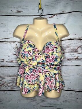 Torrid Sz 1 F Yellow Pink Flamingo Floral Print Peplum Bathing Suit Tankini Top